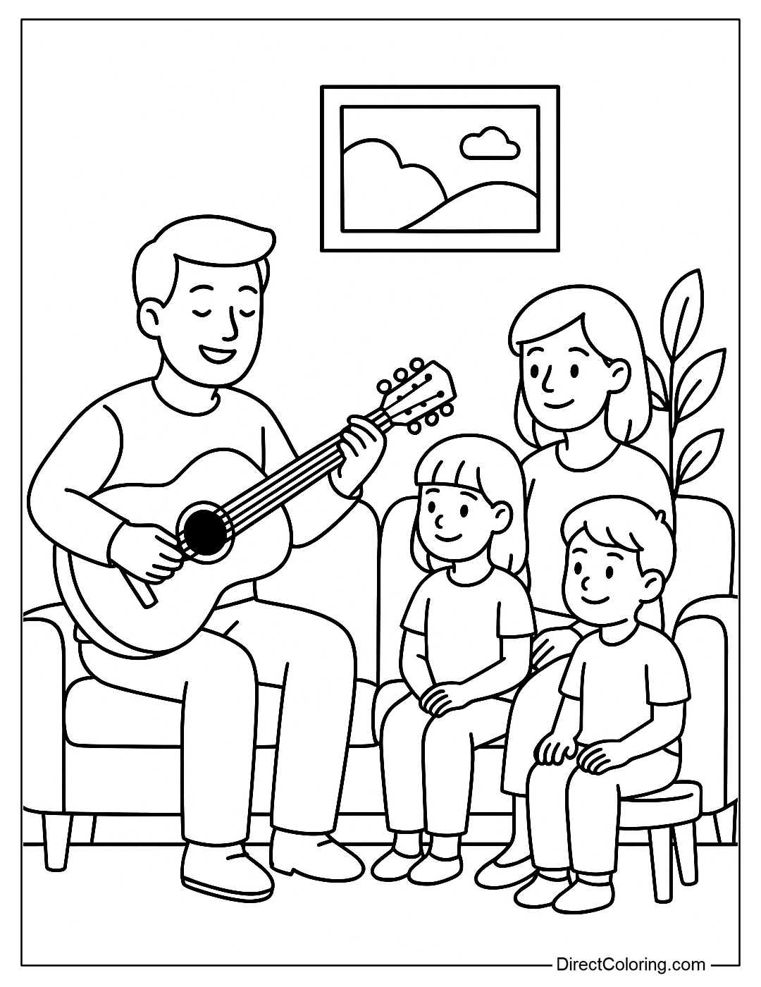 a coloring page of dad playing the guitar for the whole family to listen to